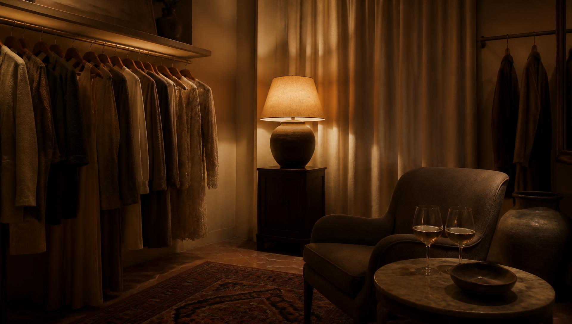 Interno della boutique alla sera con luce di lampada e due bicchieri sul tavolino