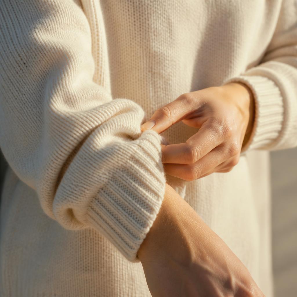 Dettaglio di mani che sistemano il polsino di una maglia in lana leggera