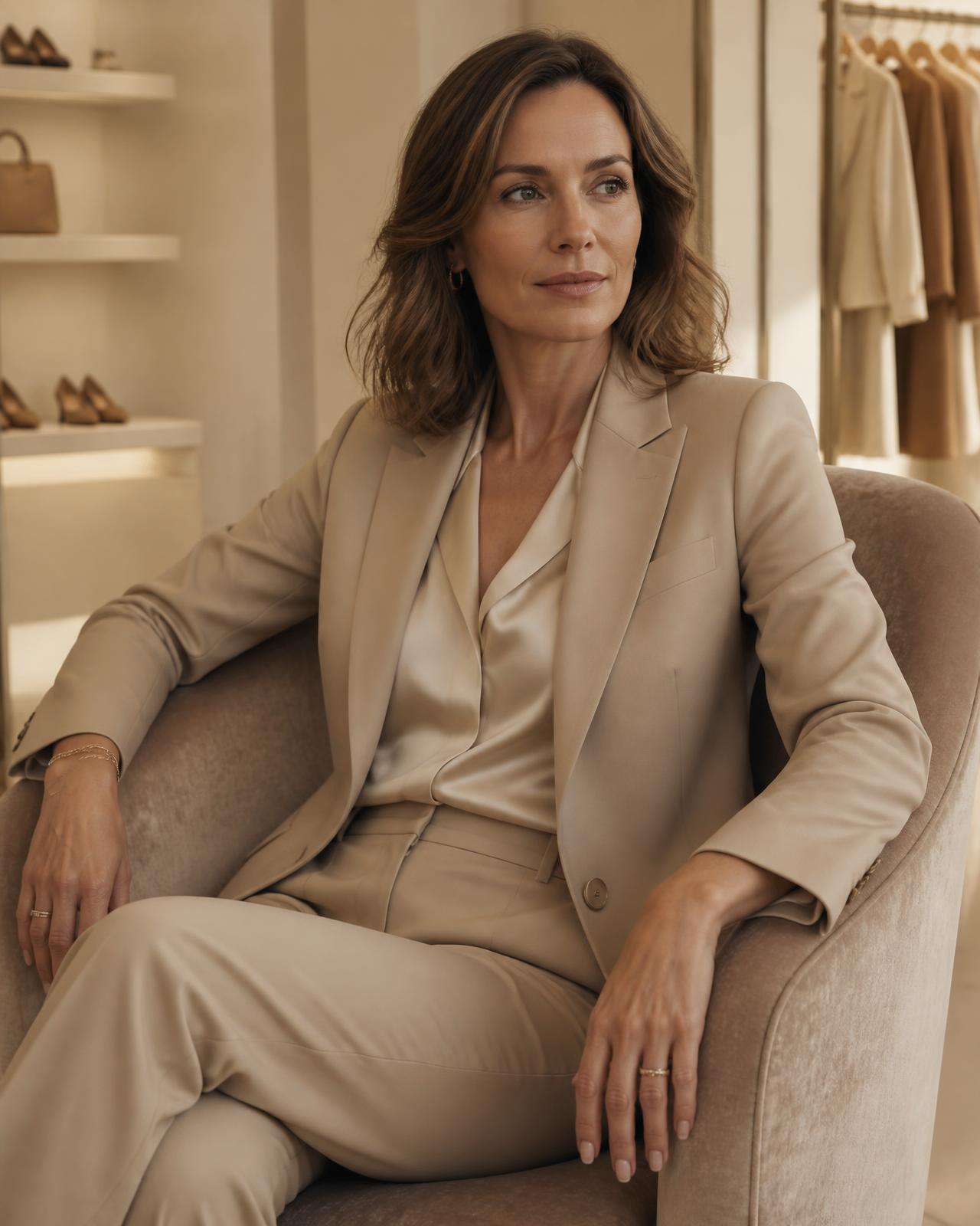 Blazer morbido color sabbia su camicia in seta, indossato in poltrona