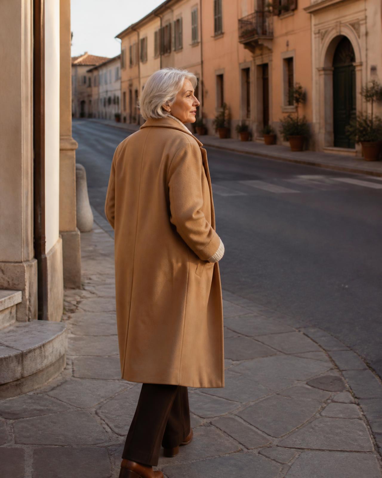 Cappotto in lana color cammello su maglia crema, indossato per strada