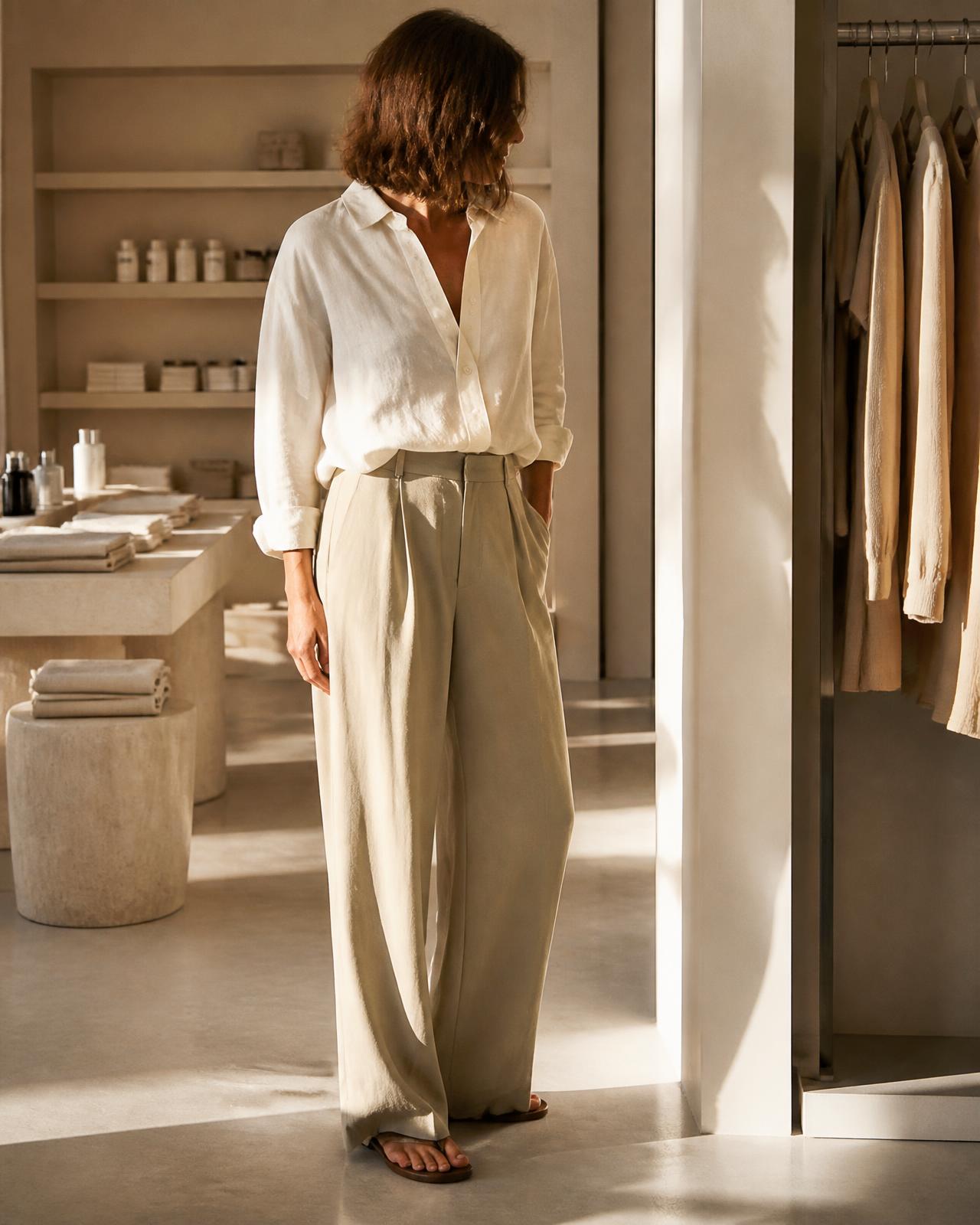Look con camicia in lino avorio e pantalone ampio color sabbia