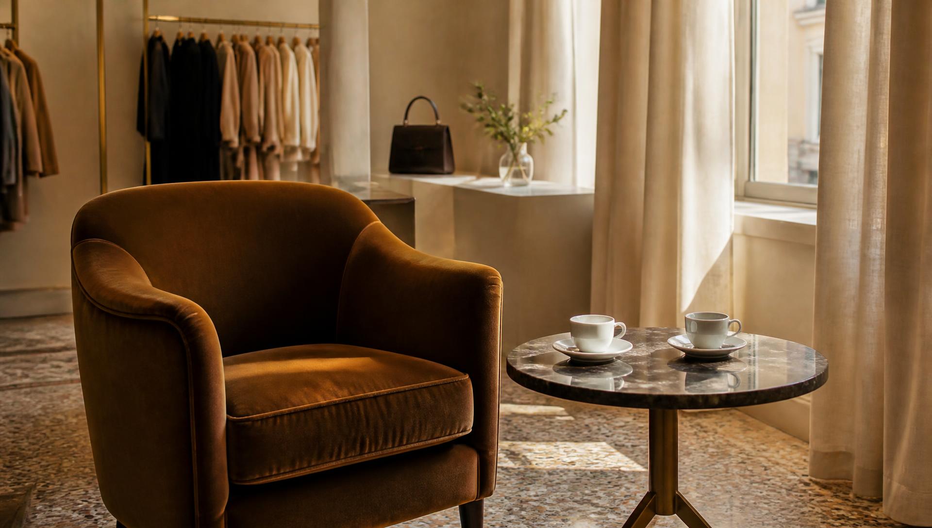 Angolo salotto della boutique con poltrona in velluto, tavolino in marmo e due tazzine da caffè