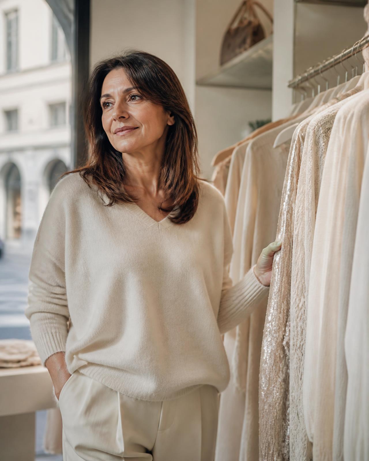 La titolare di D'Istinto tra i capi della boutique nella luce della vetrina