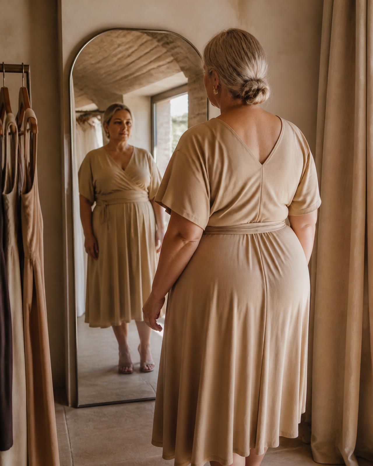 Cliente curvy di spalle davanti allo specchio a figura intera mentre prova un abito midi color sabbia
